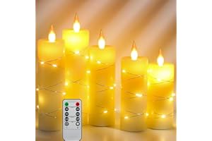 Da by Flameless Candles, with Embedded String Lights, 5-Piece LED Candles, with 10-Key Remote Control, 24-Hour Timer Function