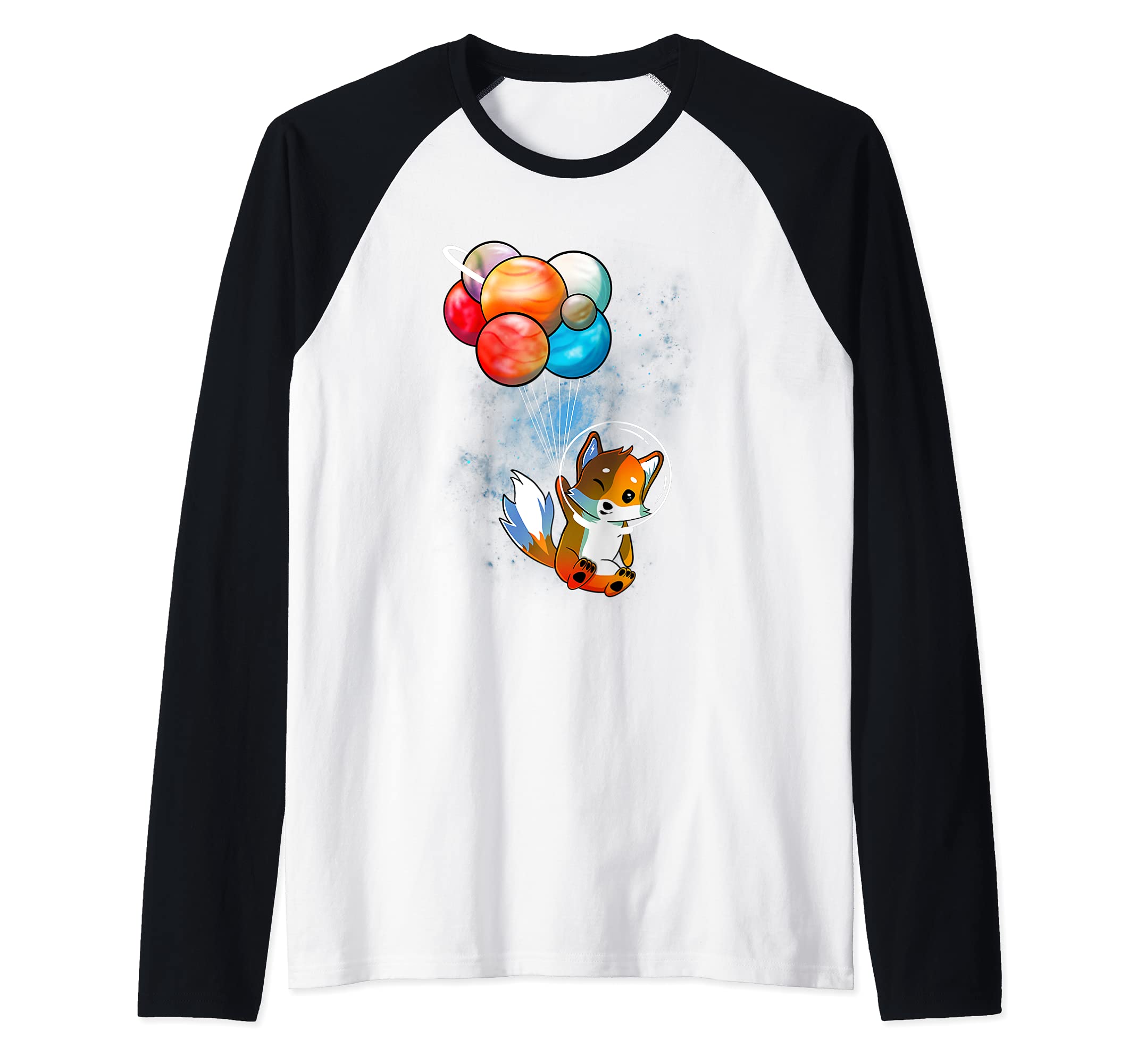 Funny Outer Space Fox Balloon Planets Space Travel Universe Raglan Baseball Tee