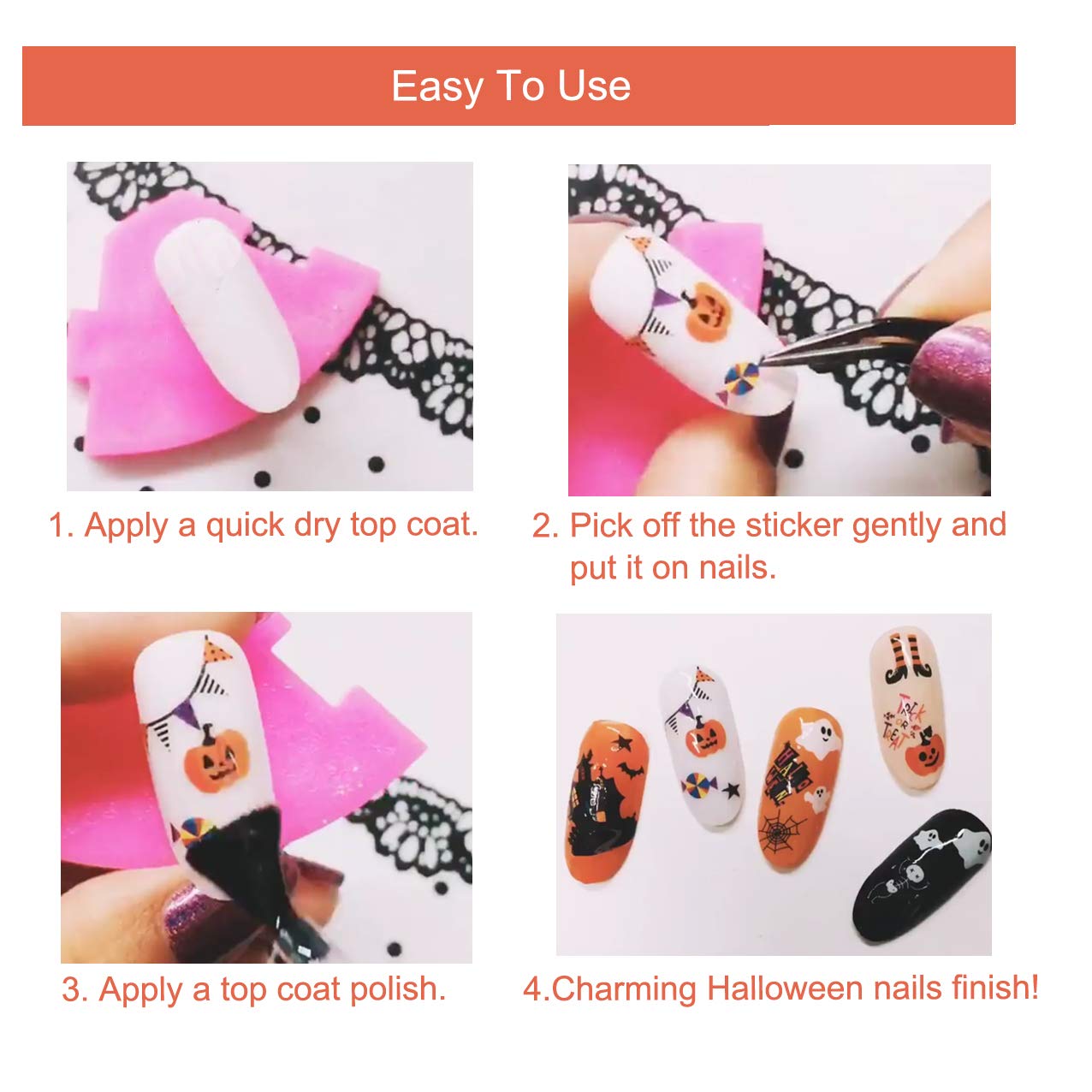 TailaiMei 1500 Pcs Halloween Nail Decals Stickers, 12 Sheets Self-Adhesive DIY Nail Art Tips Stencil for Halloween Party, Include Pumpkin/Bat/Ghost/Witch etc: Beauty