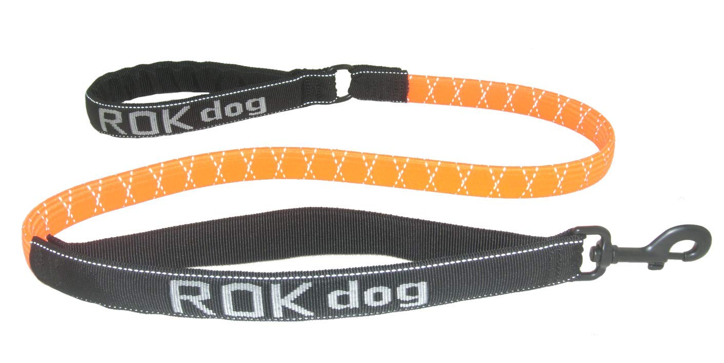 ROK DOG PREMIUM REFLECTIVE NO JOLT SAFETY STRETCH LEAD (SAFETY ORANGE HI VIZ REFLECTIVE WITH BLACK)