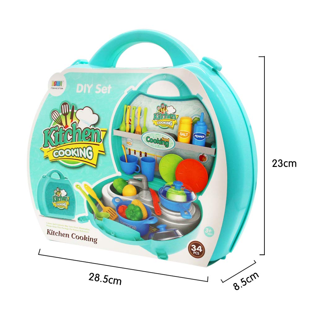 Nuheby Kids Kitchen Toys Cooking Set 34pcs Kitchen Accessories Role Play Toys Educational Toys for Boys Girls Gift Kids for 3 4 5 Year Old with Mini Carry Case 