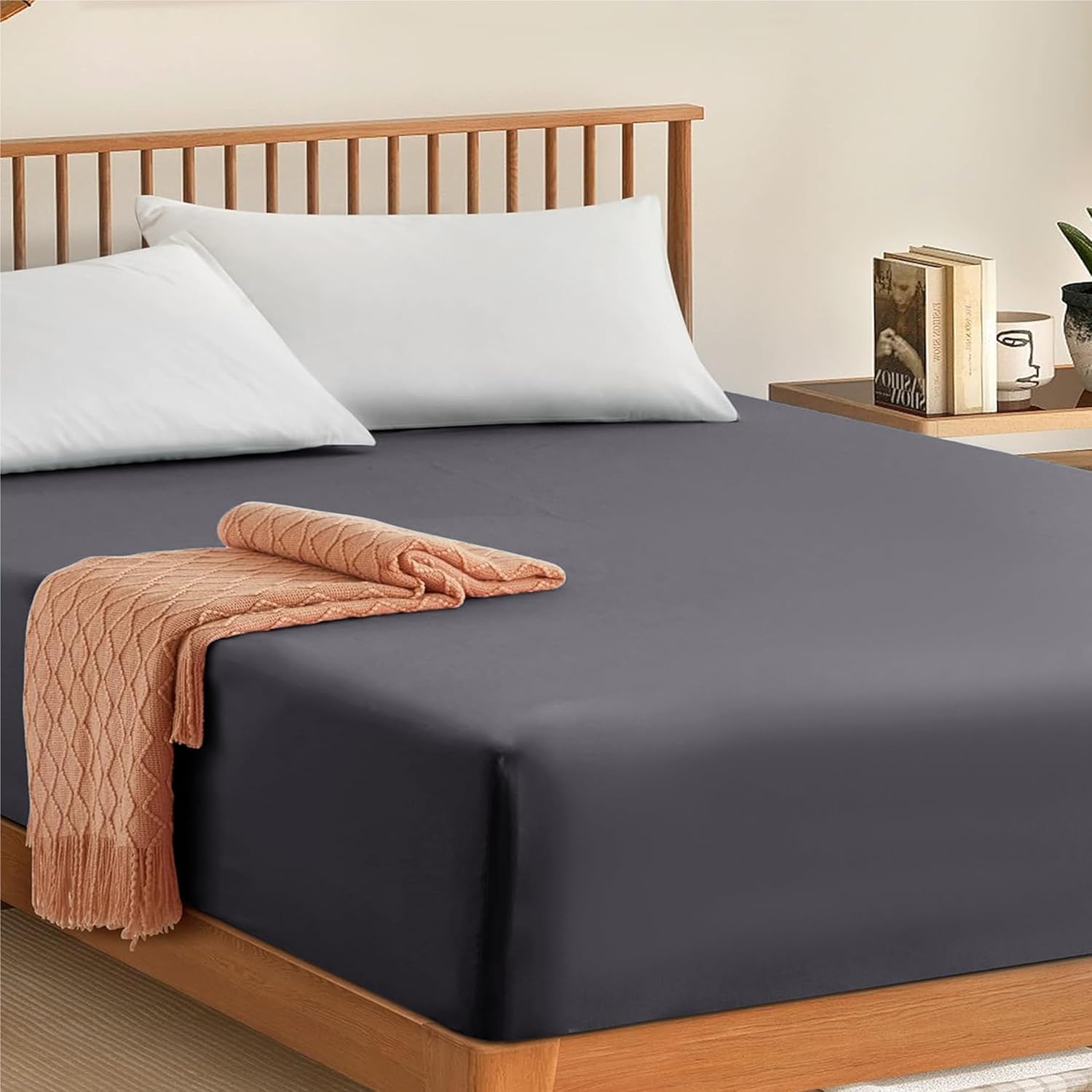 My Home Store Fitted Sheet 100% Egyptian Cotton 300TC Hotel Quality 30 cm Fitted Bedsheets (Charcoal, Super King)