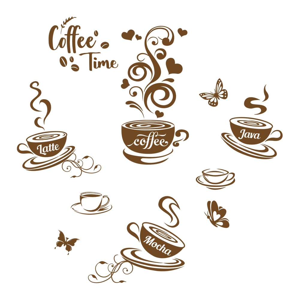SUPERDANT Coffee Time Decals Brown Coffee Theme Wall Stickers Coffee Cup Stickers Decor Coffee Cup Coffee Beans Wall Decor Butterflies Coffee Bar Restaurant Kitchen Decor Wall Sticker Vinyl Transfer