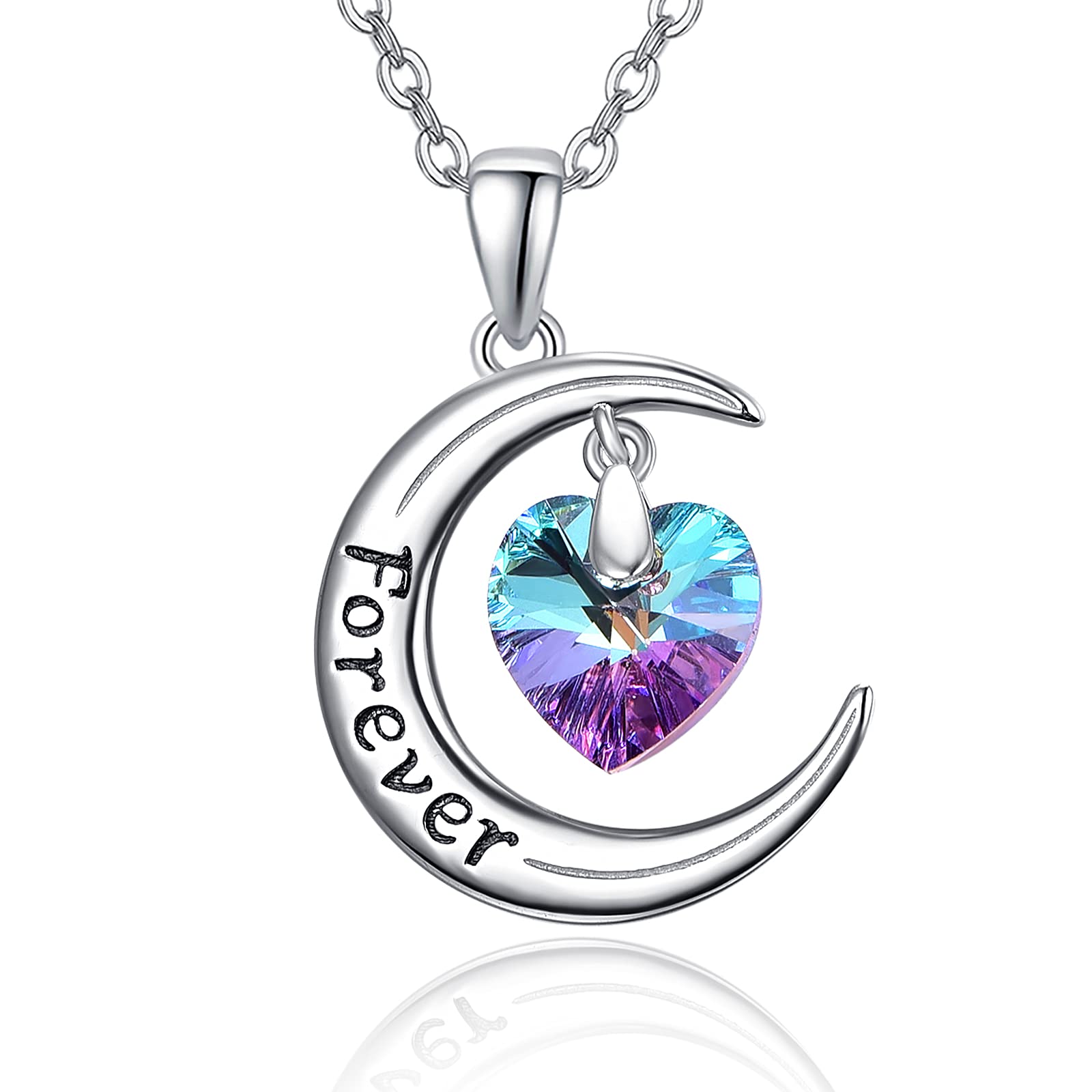 TANGPOET Moon Necklace 925 Sterling Silver Heart Crystal Necklace for Women Moon Pendant Engraved Forever Jewellery Gifts for Her Wife Mum Girlfriend