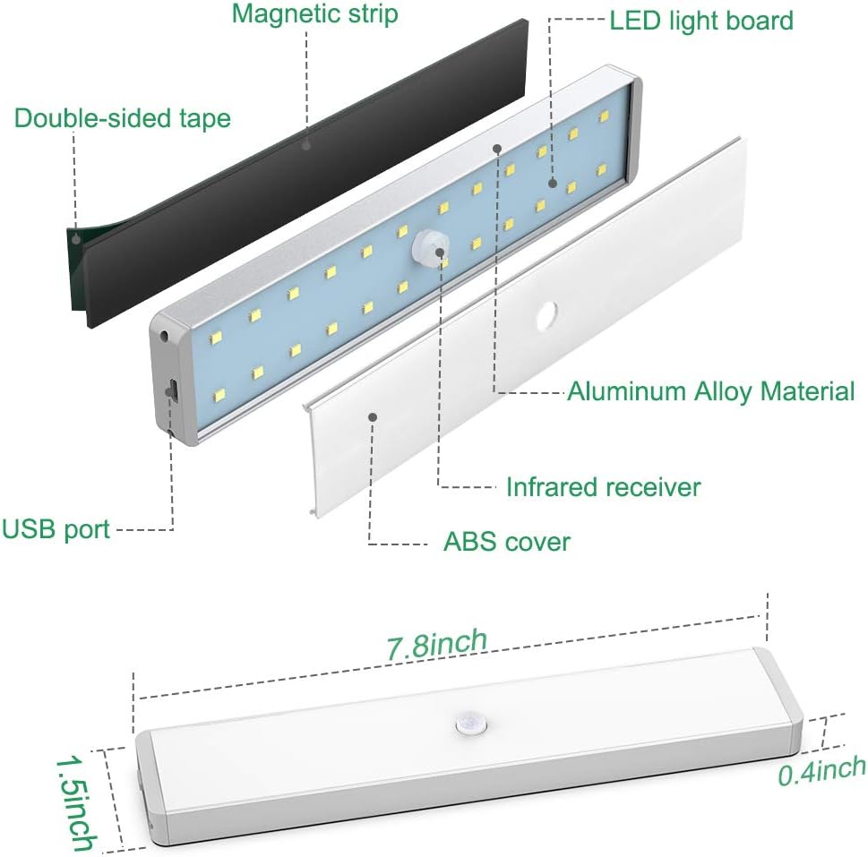 LED Closet Light, 24-LED Newest Version Rechargeable Motion Sensor Closet Light Under Cabinet Wireless Stick-Anywhere Night Light Bar with Large Battery for Stairs, Wardrobe, Kitchen, Hallway (3 Packs) - - 