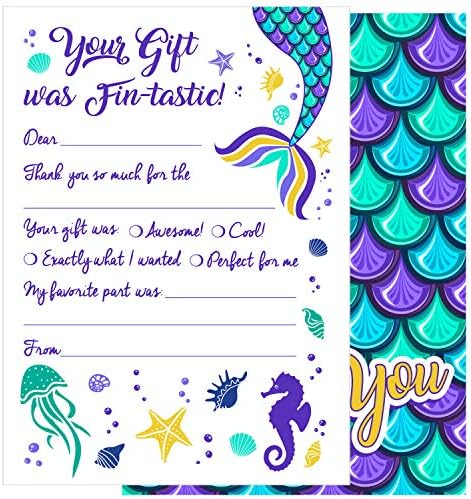 25 Kids Mermaid Thank You Cards - These Cute Under The Sea Fill in Thank You Note Cards with Envelopes (5x7 Inches) are a Great Way to Teach Children to Show Their Thanks