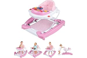HONEY JOY Baby Walker, 6-in-1 Foldable Baby Walker and Bouncer Combo, Infant Activity Walker with Wheels, Adjustable Heights, Rocker, Music, Lights, Walker for Baby Boy Girl 7-14 Months