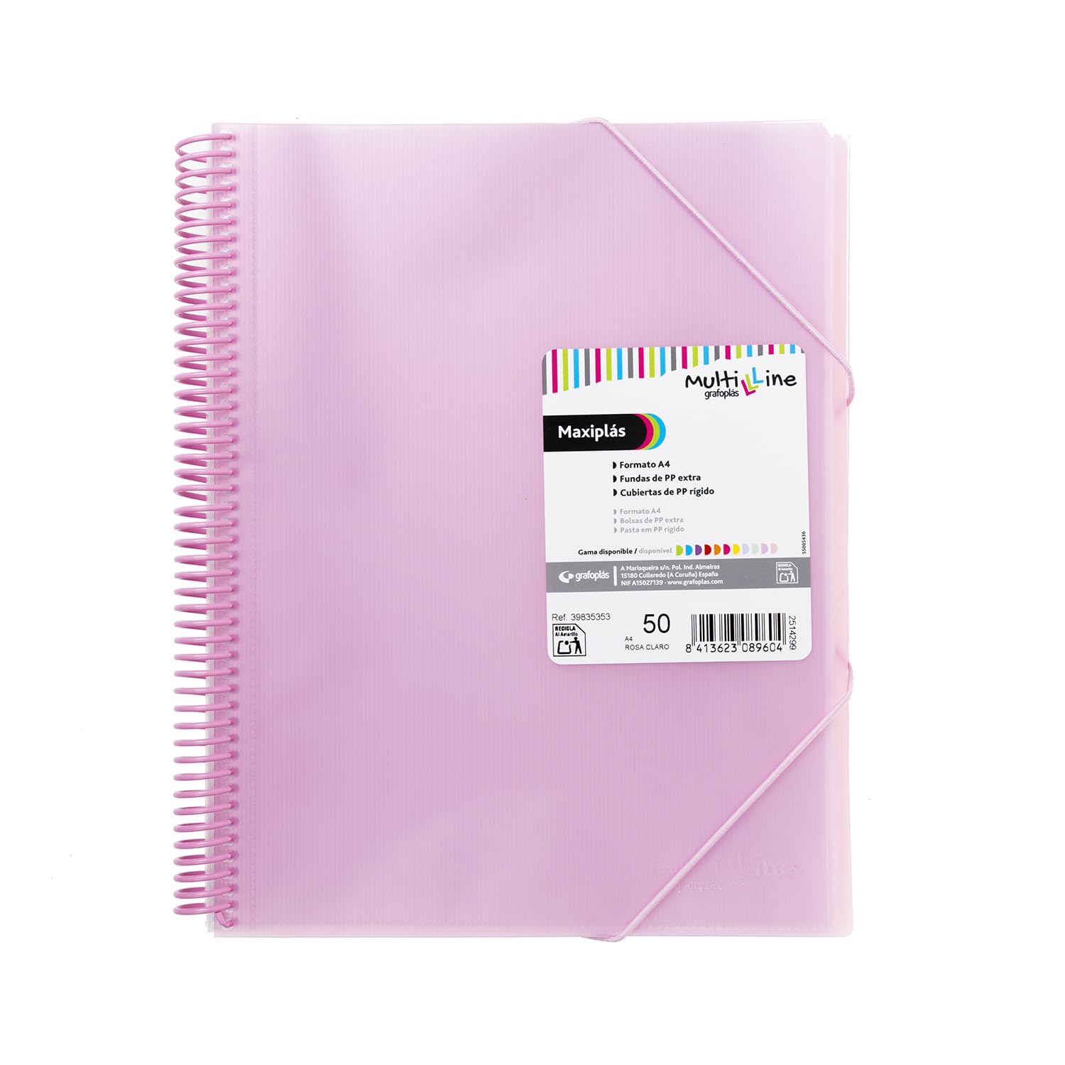 Grafoplás A4 Display Book | Light Pink | 50 Extra Polypropylene Sleeves | Flexible Plastic Cover | PVC Spiral | Multiline Maxiplas | Perfect as School and Office Supplies