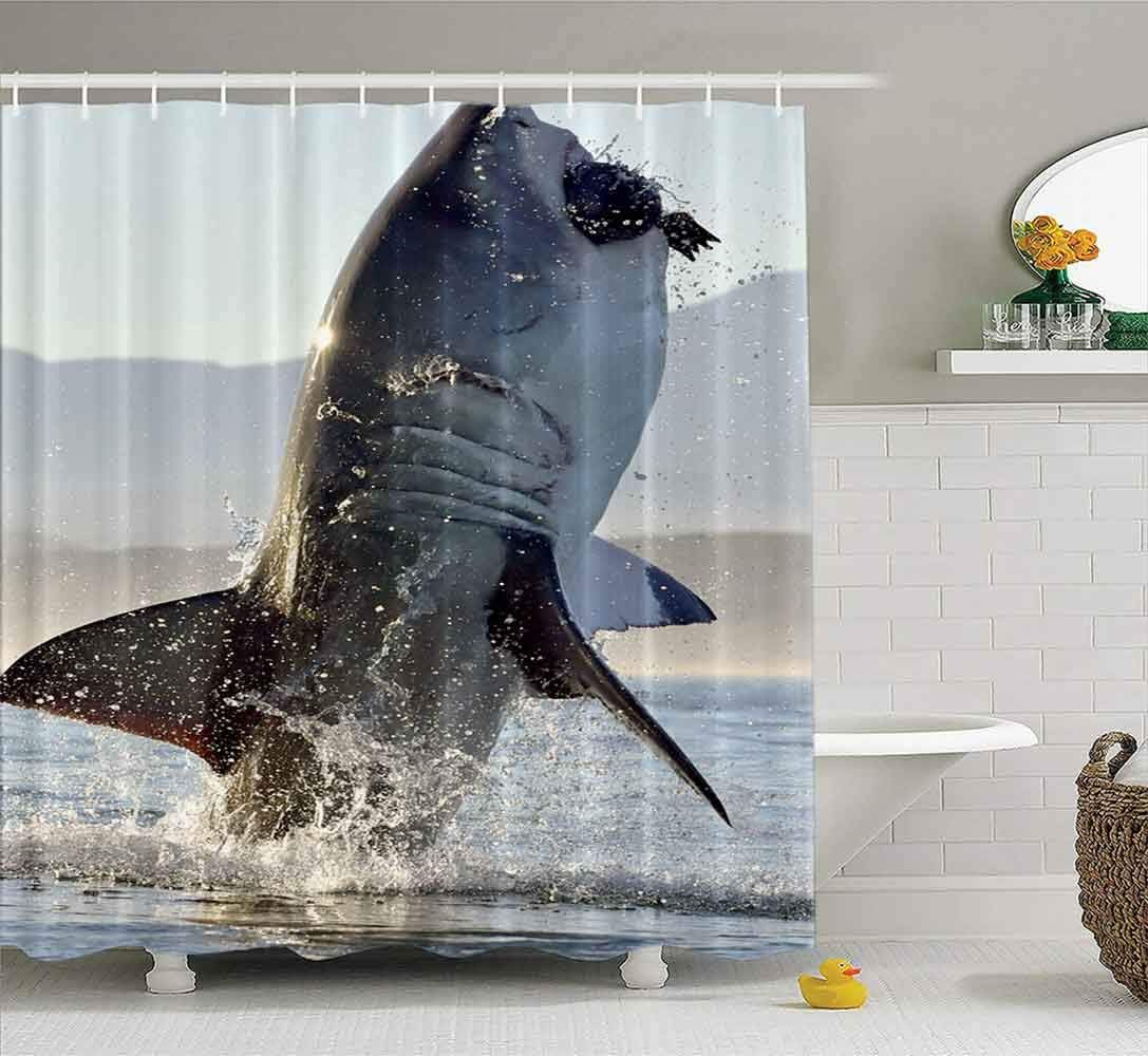 Musesh Shower Curtains,Wide Shower Curtains,78X72 Inch Shower Curtain with Hooks for Bathroom Great White Shark in Attack Hunting of South Africa Carcharias Breaching an a