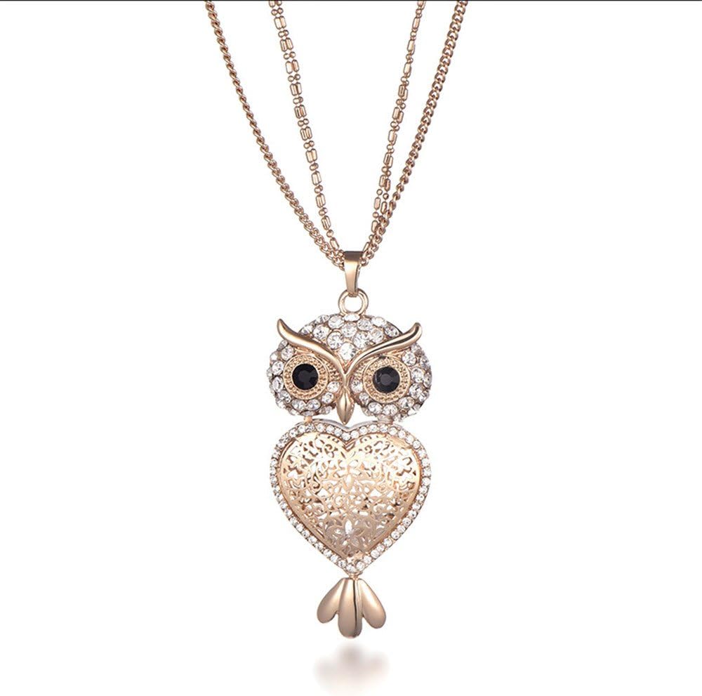 Gold hot style fashion owl pendant necklace heart hollow crystal long sweater chain necklace