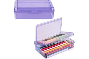 Meiikun 1 Pack Pencil Box 2 Compartments, Large Pencil Case Hard Pencil Boxes, Assorted Colors Crayon Box Clear Pencil Cases,
