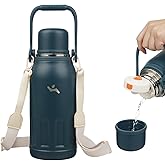 Insulated Water Bottle with Handle and Strap,Vacuum Travel Tumbler with Cup Lid,Thermo Coffee Cup for Hot Cold Drinks 40 OZ,Navy Blue