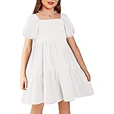 Arshiner Girls Dresses Short Sleeve Ruffle Chiffon Summer Flowy Dress with Square Neck