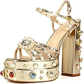 Feinlina Women Rhinestone High Chunky Platform Open Toe Block Heels Gems Detail Fashion Green Pink Floral Print Embroidery Ankle Strap Dress Wedding Party Pump Sandals