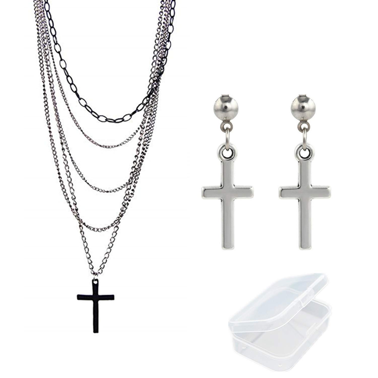 PPX Multilayer Gothic Retro 80s Black Long Chain Fashion Cross Necklace and Stainless Steel Dangling Cross Earrings for Men Women-with Storage Box
