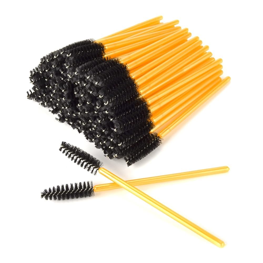 AIBAOBAO 100 PCS Eyelash Brushes Spoolies, Gold Disposable Mascara Wands, Eyebrow Spoolie Brushes, Lash Brushes for Extensions, Castor Oil Brush Mascara Wands Cosmetic Spoolies Makeup Tool