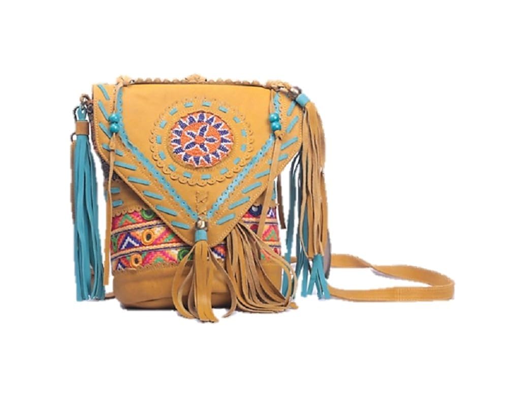 amour louie women's real leather/suede with bead work and laces handbag,yellow