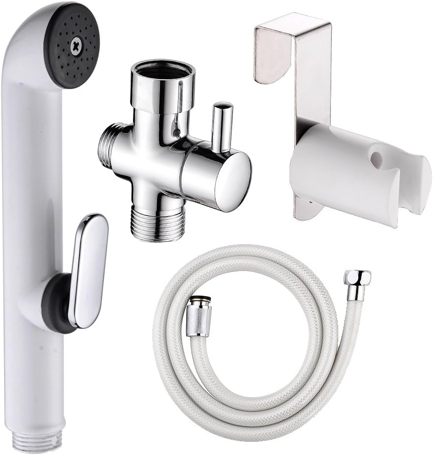 Handheld Bidet Sprayer Shattaf Cloth Diaper Sprayer for Toilet Attachment with Adjustable Water Pressure Control Shut-off Brass T- Valve ABS (White + Chrome) ¡­