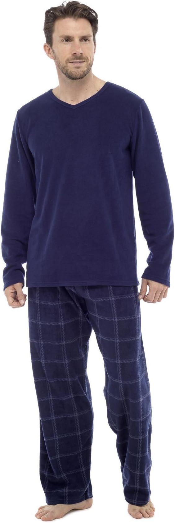 Men's Thermal Check Pyjamas, Long Sleeve Top & Pants Fleece PJS Loungewear- HTR038