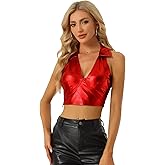 Allegra K Metallic Tops for Women 2026 Halter V Neck Sleeveless Shiny Holographic Crop Top Clubwear Party Outfits