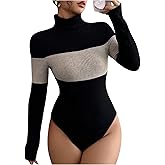 Milumia Women's Turtleneck Patchwork Long Sleeve Bodysuit Colorblock Rit Knit Fitted Tee Jumpsut Top