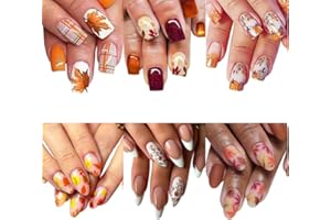 CTTHNBD 6 Packs (144 Pcs) Fall Press on Nails Medium Square, Almond Press on Nails, with Maple Leaf Design Thanksgiving Day Fake Nails for Women - 12 Sizes, 6Styles