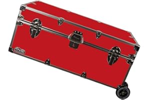 C&N Footlockers - Full-Size Happy Camper Trunk w/Wheels - #1 Summer Camp Trunk - Made in the USA - Steel Footlocker with Lid Stay - 32 x 18 x 13.5 Inches (Red)