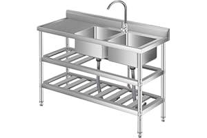 GLOWSOL Stainless Steel Utility Sink, 47" x 18" x 32" Free Standing Double Bowl Sink with Faucet, Legs, Cold and Hot Water Pipe for Laundry, Kitchen, Garage, Outdoor, Garden, Heavy-Duty, Easy to Clean