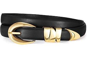XZQTIVE Women's Skinny Leather Belts Ladies Thin Waist Belts for Jeans Dress Pants Trendy Black Belt with Gold Buckle