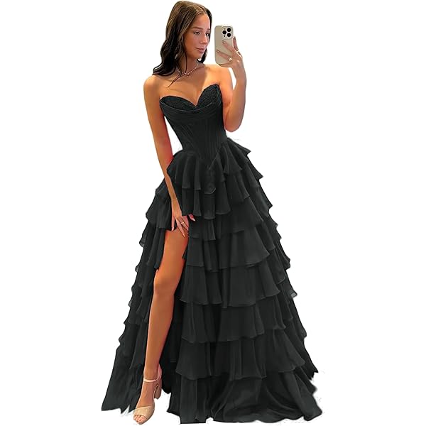 Amazon.com: Strapless Tiered Prom Dresses Long Corset Chiffon Floral Dress  A-Line Ruffles Floral Prom Evening Party Dress with Slit Black US CU :  Clothing, Shoes & Jewelry