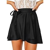 AmorLee Womens Wrap Mini Skirts Casual High Waist Self Tie Knot Silk Satin Short Skater Skirt