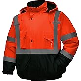 DPSAFETY Safety jacket for men,Reflective high Visibility Hooded jacket,Hi-Vis Bomber Jacket with Pockets and Zipper,Waterproof,Black Bottom,ANSI/ISEA 107-2020 Type R Class 3,Orange