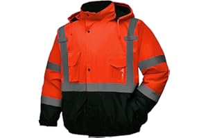 DPSAFETY safety jacket for men, Reflective high Visibility Hooded jacket, Hi-Vis Bomber Jacket with Pockets and Zipper, waterproof, Black Bottom, ANSI/ISEA 107-2020 Type R Class 3, Orange