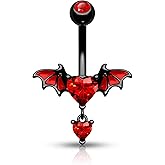 CM Crareesi Mania Bat Belly Button Ring Heart CZ Belly Rings 316L Surgical Steel Black Belly Button Piercing Jewelry 14G Dangle Belly Ring for Halloween