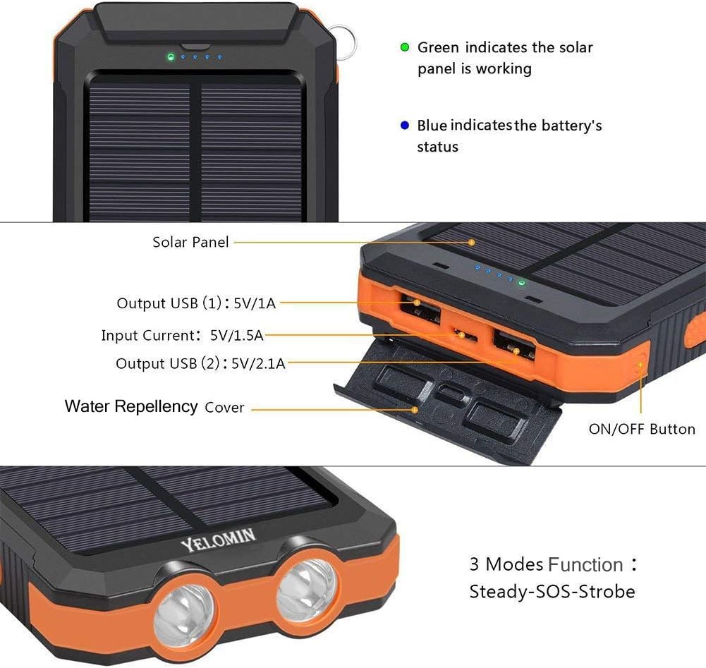 Solar Charger,Yelomin 20000mAh Portable Outdoor Mobile Power Bank,Camping External Backup Battery Pack Dual USB 5V 1A/2A Outputs with SOS Function & Compass