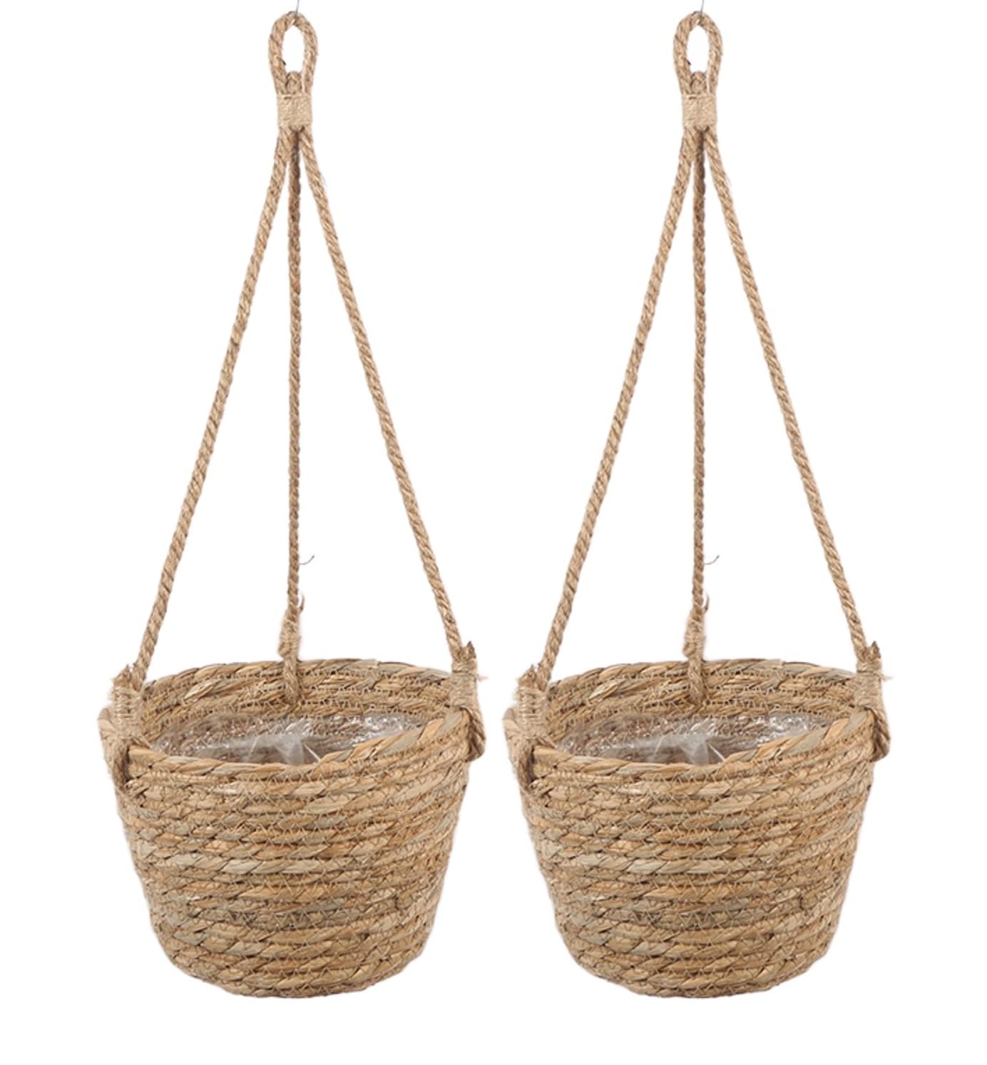 Olly & Rose Natural Hanging Basket 2 Pack Plant Pots D 18cm H 14cm Total Height 48cm - Indoor Hanging Planters