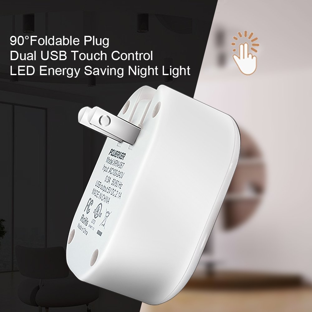 Night Light USB Charger POWERIVER LED Sensation 2A Glow Smart Wall Charger Station Dual USB Power Adapter Travel or Home for Apple Mobile Phone iPad Android PSP ETC (Square)