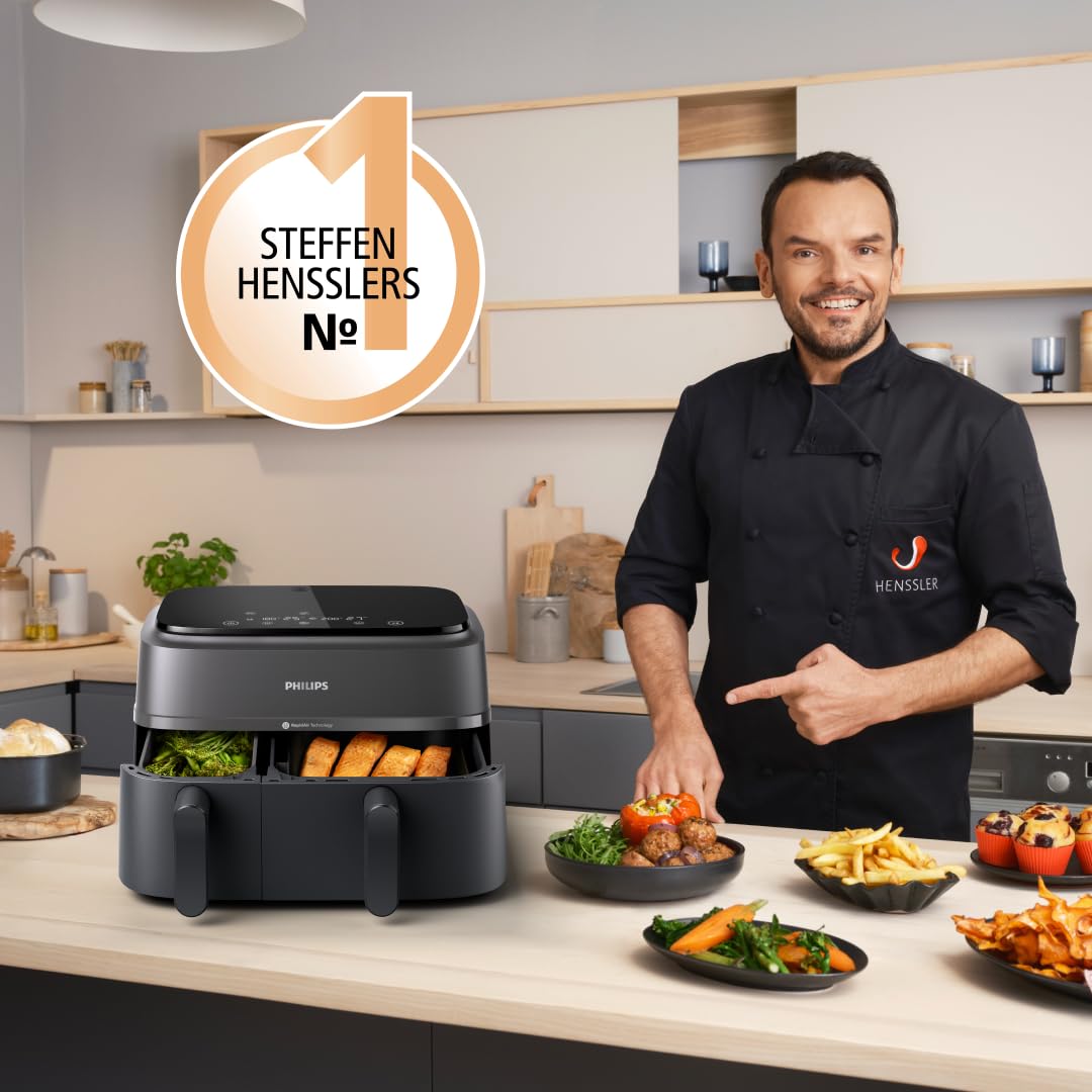 Philips Airfryer Dual Basket 3000 Series Heißluftfritteuse, 9L, 2 Körbe, 2 Gerichte gleichzeitig, RapidAir Plus Technologie, 90% weniger Fett, Energieeffizient, HomeID App (NA350/00) 3
