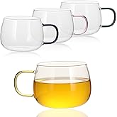 GURUDAR Glass Tea Cups Set of 4, Clear Borosilicate Glass Teacups with Colorful Handle for Tealover, Dishwasher & Microwave Safe Large Coffee Mugs for Espresso Cappuccino Latte Juice, 12OZ/360ML