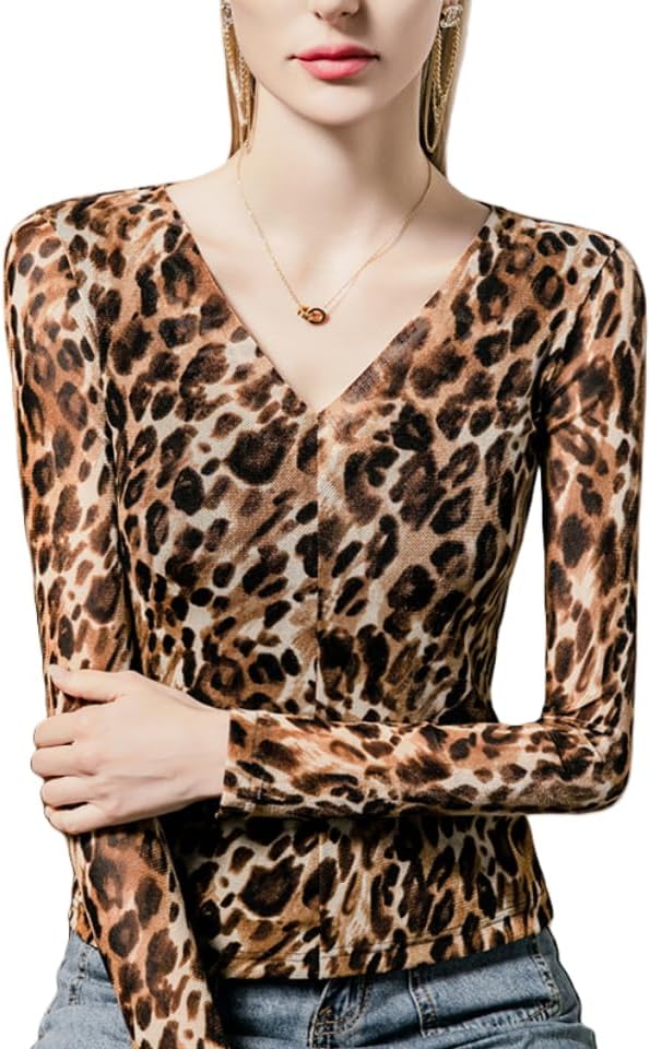 Women's Leopard Print V-Neck Long Sleeve Slim Fit Base Shirt