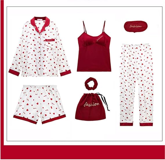 7pcs Women's Pyjama Sets Cotton Blend Sleepwear Cute Red Heart Print
