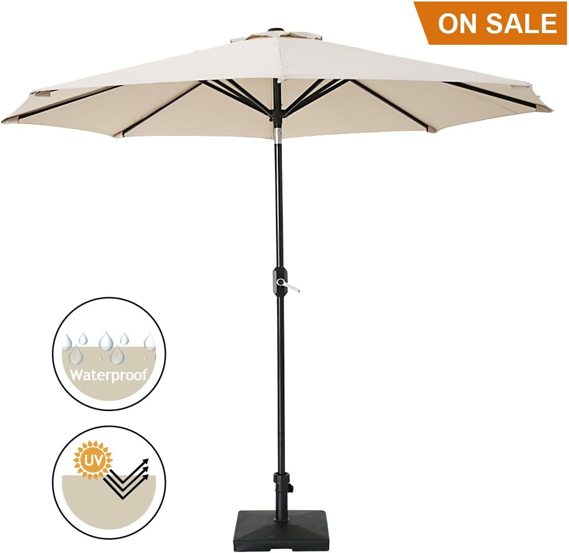 SUMBEL 10' Patio Umbrella Outdoor Table Market Umbrella Aluminum Pole Push Button Tilt with 8 Sturdy Steel Ribs, Beige