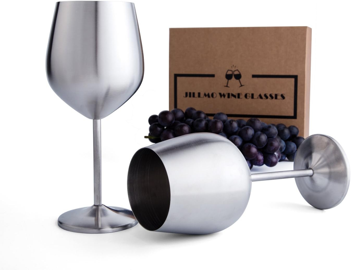 Jillmo Stainless Steel Stemmed Wine Glasses, Set of 2, 18 oz Shatterproof Wine Goblets