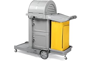 TUFFIOM Janitorial Cart on Wheels, 3 Shelf Commercial Cleaning Cart with Key Locking-Cabinet, Grey Housekeeping Cart with Locker and Cleaning Bag, for Hotel, Business, Office, Stadium Use