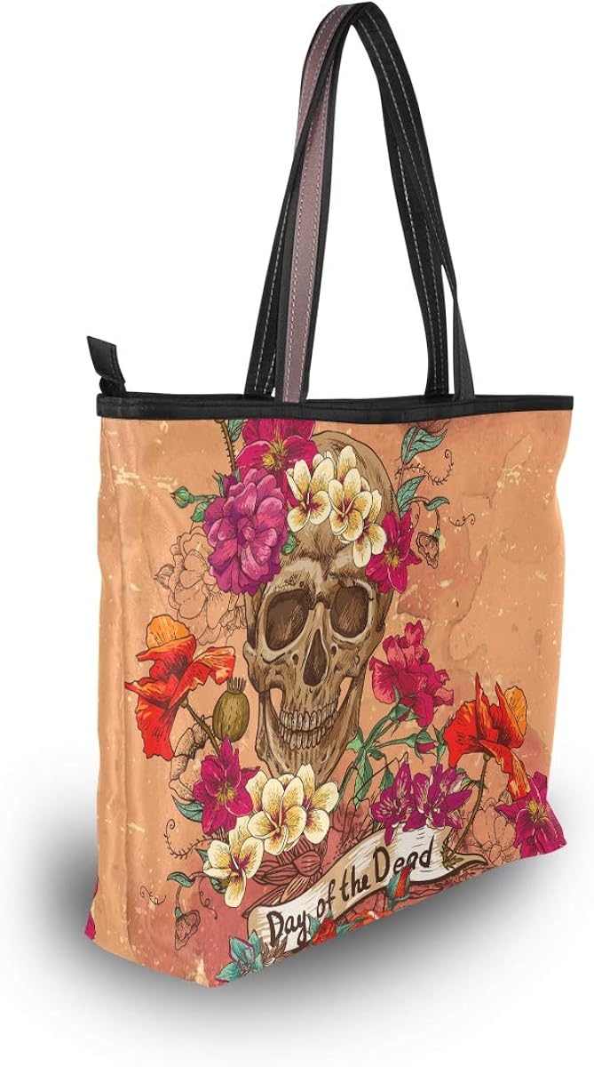 Mnsruu Women Zipper Handbag,Large Top Tote Shoulder Bag Casual Shopping Bag,M (Skull And Flowers Day Of The Dead) - Image 5
