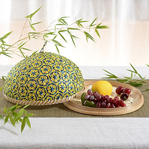 NewFerU Bamboo Woven Table Serving Tray Universal Round Food Storage Plate Platter with Handles,Fly Dome Lid Cover for Picnic Party Bread,Cake,Pizza,Dry Fruits,Dessert,Indoors Outdoors (13" Red-Cover)