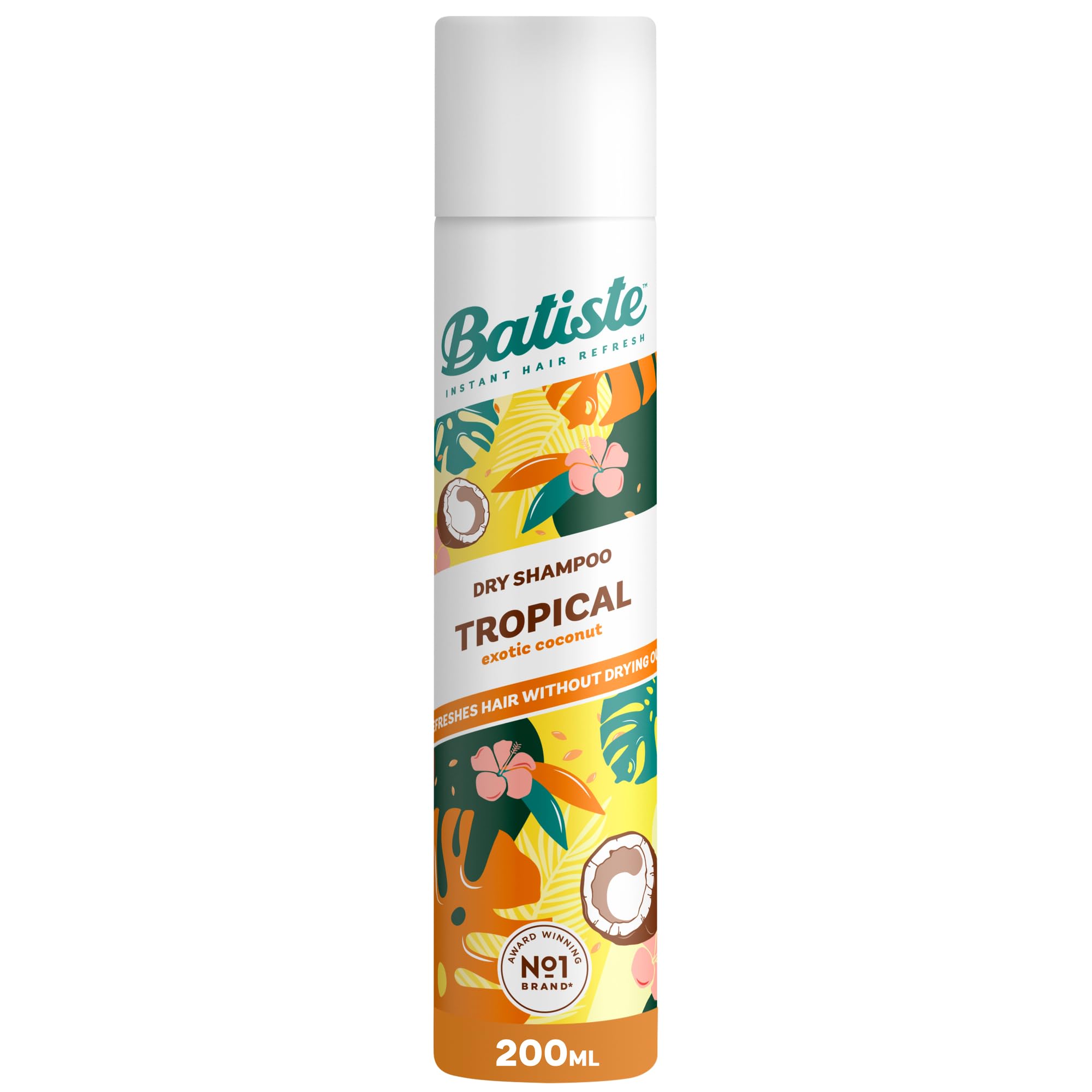 Batiste Dry Shampoo in Tropical 200ml, Coconut & Floral Fragrance, No Rinse Spray to Refresh Hair in Between Washes