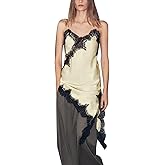 Amiblvowa Women Lace Mini Slip Dress Satin Spaghetti Strap Asymmetrical Dress Sexy Low Cut V Neck Backless Silk Slips