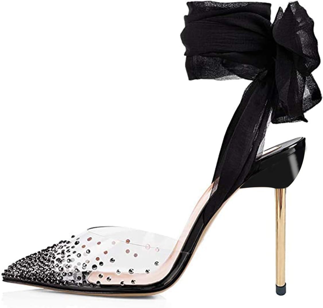 Women High Heel Ankle Strap Sandals Pointed Toe Rivets Pumps PVC Club Dress Shoes with Studs Size 4-15 US