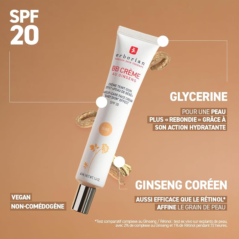 - BB Crème au Ginseng 5-en-1 - Soin Teinté Perfecteur Effet "Peau de Bébé" - Fond de Teint Couvrant Imperfections - Protection Solaire SPF 20 - Soin Cosmétique Coréen - Clair 15ML